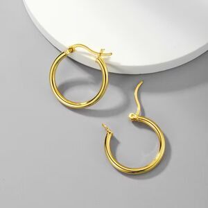 Gold Stainless Steel Simple Hoop Earrings Polished Secure Leverback Classic Basc
